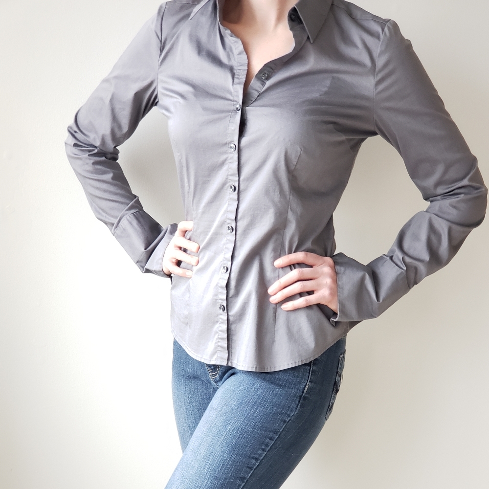 Smokey Gray Long Sleeve Button Down Top NY&Co
